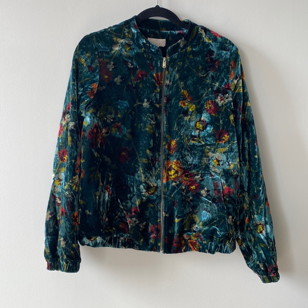 Velvet bomber jacket from the Loft (green + floral)